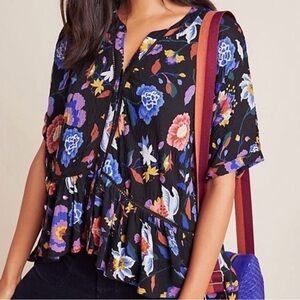 Anthropologie Black Floral Blouse